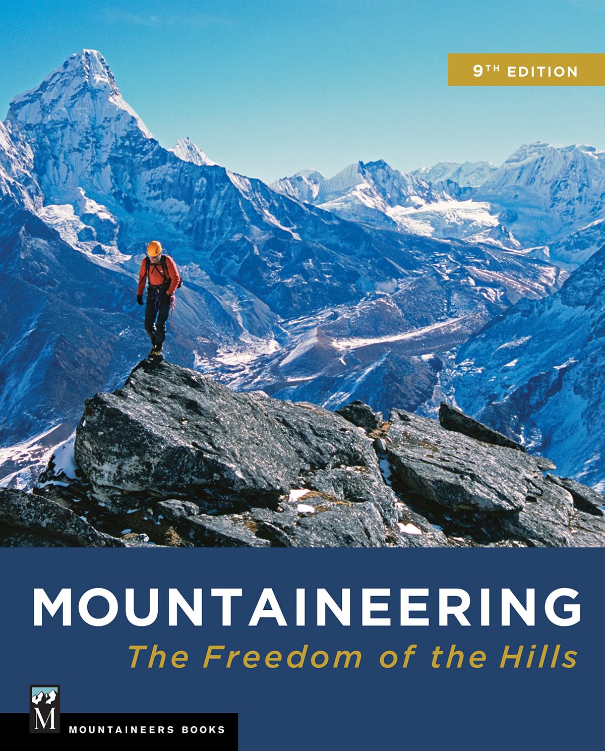 Book cover of 'Mountaineering: The Freedom of the Hills' with a climber on a mountain peak.