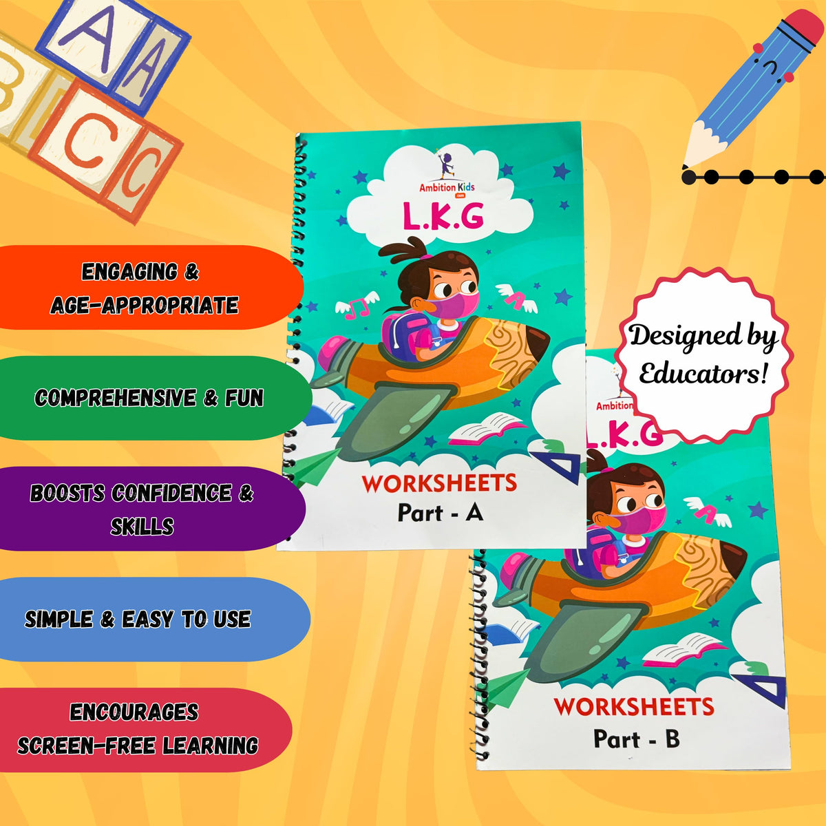 AmbitionKids - Preschool LKG Worksheets - Part A & B - 150+ Pages for Alphabet, Math, Phonics, Shapes, and Early Learning Success
