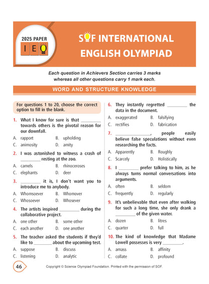 MTG International English Olympiad (IEO) Workbook Class 5 - Chapter-wise MCQs with Achievers Section - SOF Olympiad Books For 2026-27 Exam