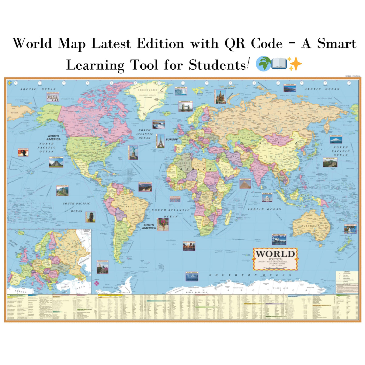 Eoi Marketing World Political Map English 40 x 28 Inch, Paper Print Map for Home & Office Wall Décor | Detailed & Updated Map for UPSC, SSC, IAS, IPS other Competitive Exam