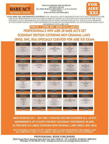 PROFESSIONAL'S NEW SYLLABUS ECONOMY EDITION Bare Acts without Notes for AIBE as per BCI Guidelines- New & Updated Set of 20 Books covering latest amendments includes New Criminal Laws (BNSS, BNS, BSA)