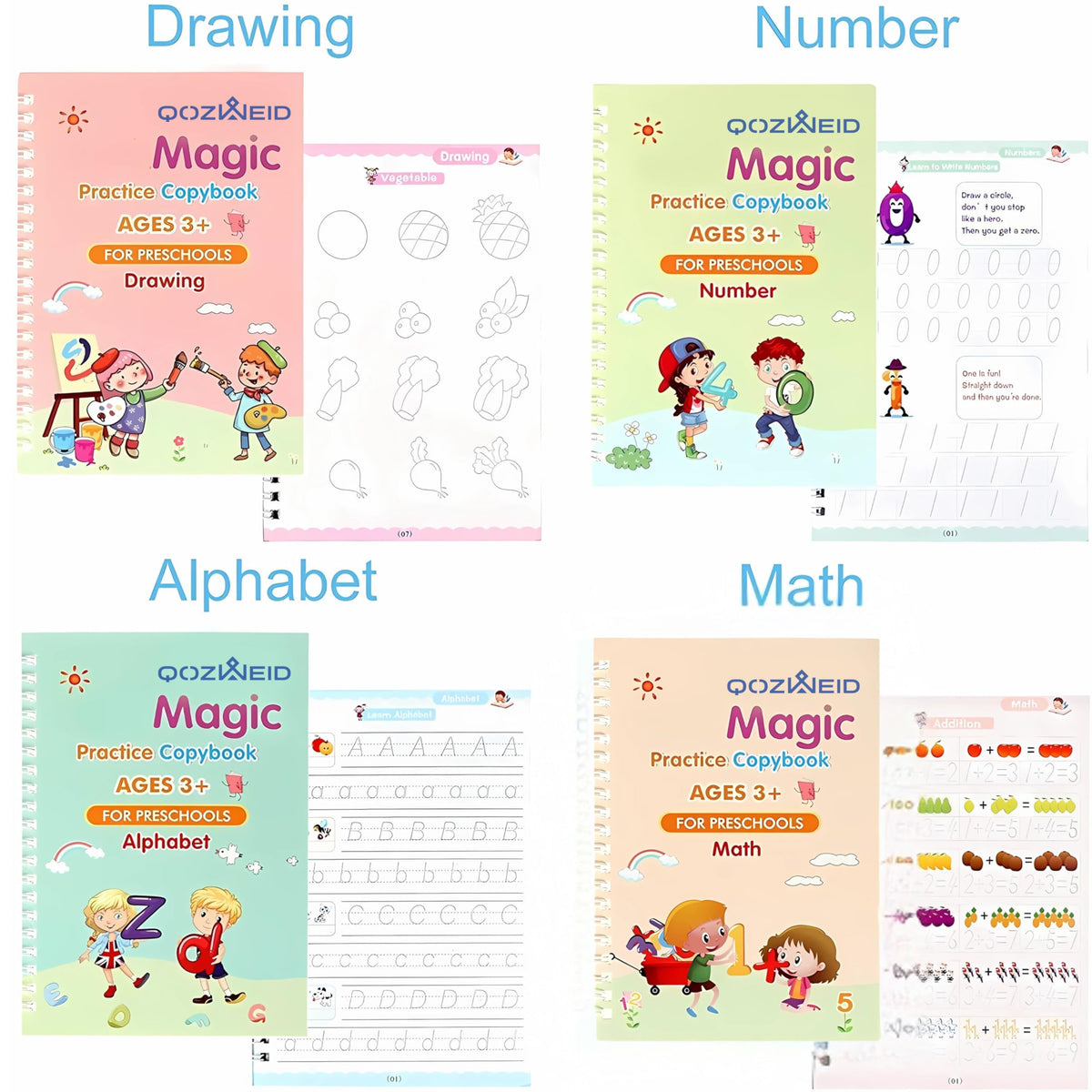 QOZWEID Magic Calligraphy, Homeschool Supplies, Preschool workbook, Numbers & English & Drawing & Mathematics Auto Fade Pen & 4 Books - 10 Riffile 1 Grip 1 pen (model -2026) size 19x3 cm