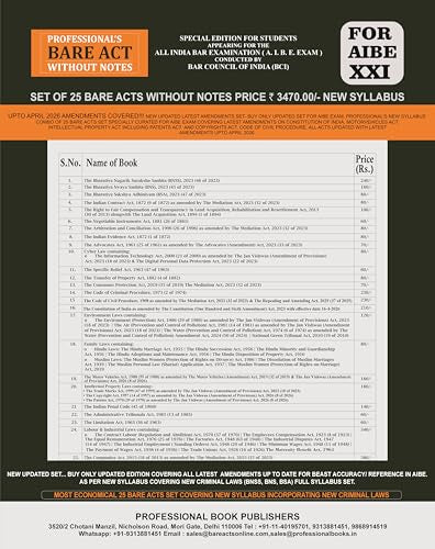 PROFESSIONAL'S AIBE Exam 25 Bare Acts Set without Notes as per New Syllabus, Complete Set of 25 Books Combo as per Bar Council of India Guidelines ... Criminal Laws & Full Syllabus Economy Edition