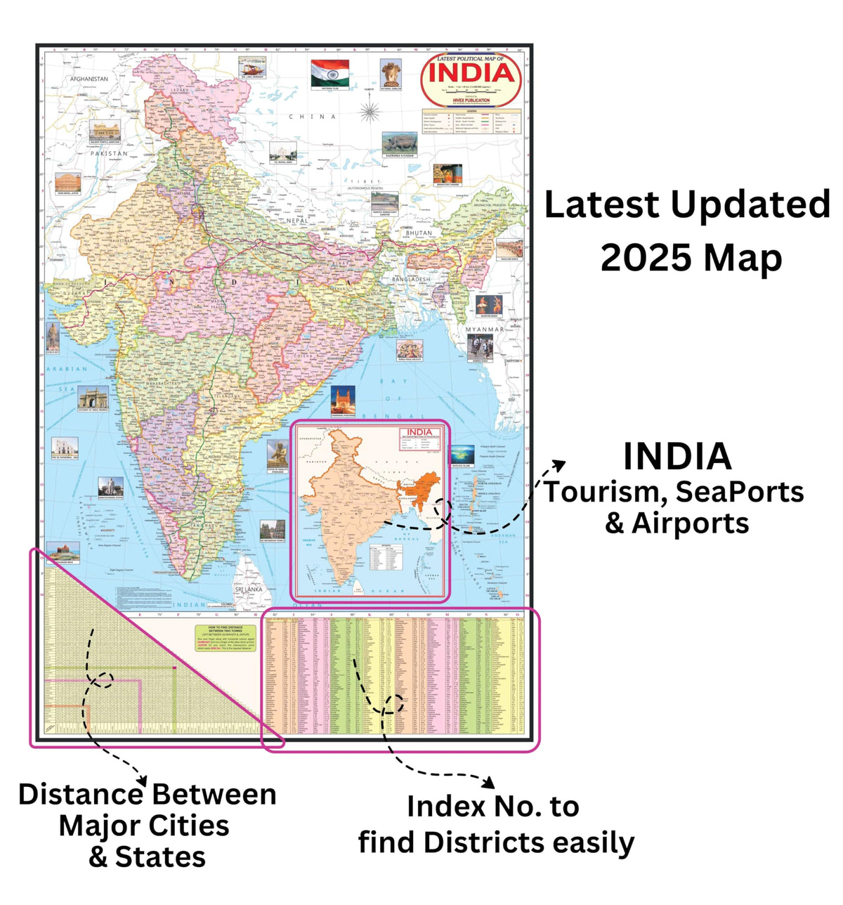 India Political Map | Laminated Both Side | Size - 70x100 cm (Large Size) | India Map | Indian Map | Political Map of India