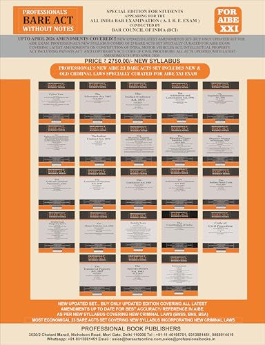 NEW SYLLABUS PROFESSIONAL'S AIBE 23 Bare Acts set without Notes, Set of 23 Books Combo as per Bar Council of India Guidelines covering New Criminal Laws/ Latest amendments- Economy Edition