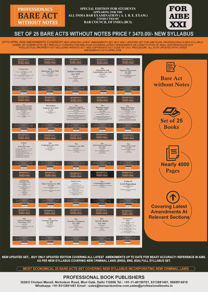 PROFESSIONAL'S AIBE Exam 25 Bare Acts Set without Notes as per New Syllabus, Complete Set of 25 Books Combo as per Bar Council of India Guidelines ... Criminal Laws & Full Syllabus Economy Edition