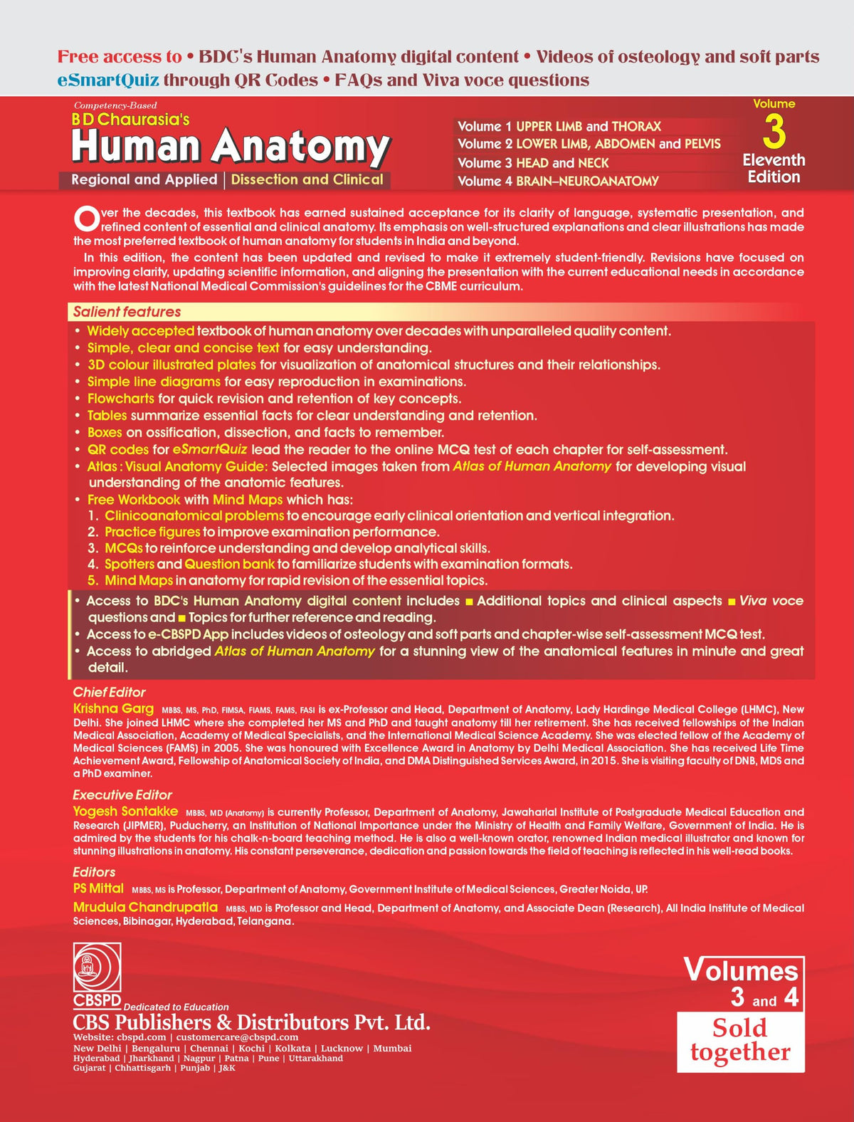 B D Chaurasia's Human Anatomy, Vols. 3 & 4 Set, 11th Edition | Regional and Applied Dissection and Clinical Anatomy: Head and Neck (Vol. 3) & Brain ... 4) with Free Workbook and Mind Maps (PB 2027)