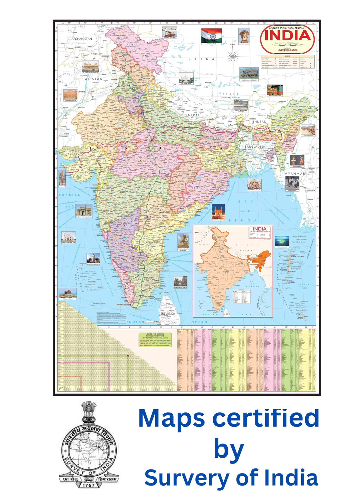 India Political Map | Laminated Both Side | Size - 70x100 cm (Large Size) | India Map | Indian Map | Political Map of India