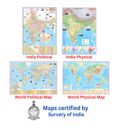 India & World Map (Both Political & Physical) with Indian Constitution and Indian History Chart | LAMINATED | Set Of 6 Maps and chart | Useful For Preparation Of UPSC, SSC, IES, RRB, and other exams