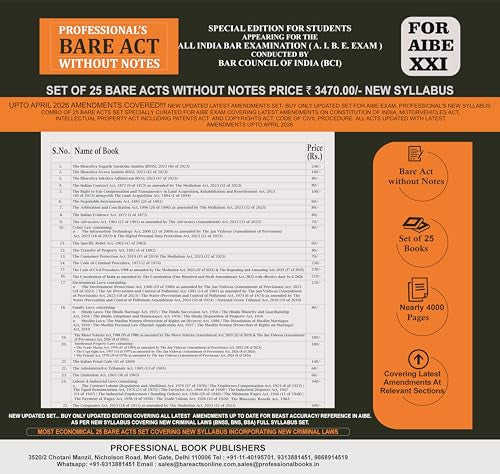 PROFESSIONAL'S AIBE Exam 25 Bare Acts Set without Notes as per New Syllabus, Complete Set of 25 Books Combo as per Bar Council of India Guidelines ... Criminal Laws & Full Syllabus Economy Edition