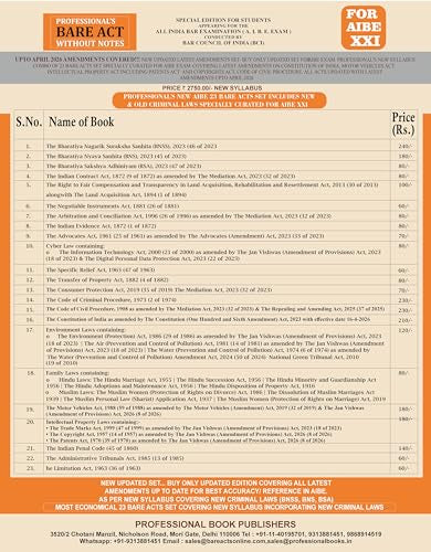 NEW SYLLABUS PROFESSIONAL'S AIBE 23 Bare Acts set without Notes, Set of 23 Books Combo as per Bar Council of India Guidelines covering New Criminal Laws/ Latest amendments- Economy Edition