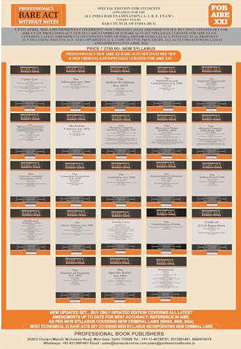 NEW SYLLABUS PROFESSIONAL'S AIBE 23 Bare Acts set without Notes, Set of 23 Books Combo as per Bar Council of India Guidelines covering New Criminal Laws/ Latest amendments- Economy Edition