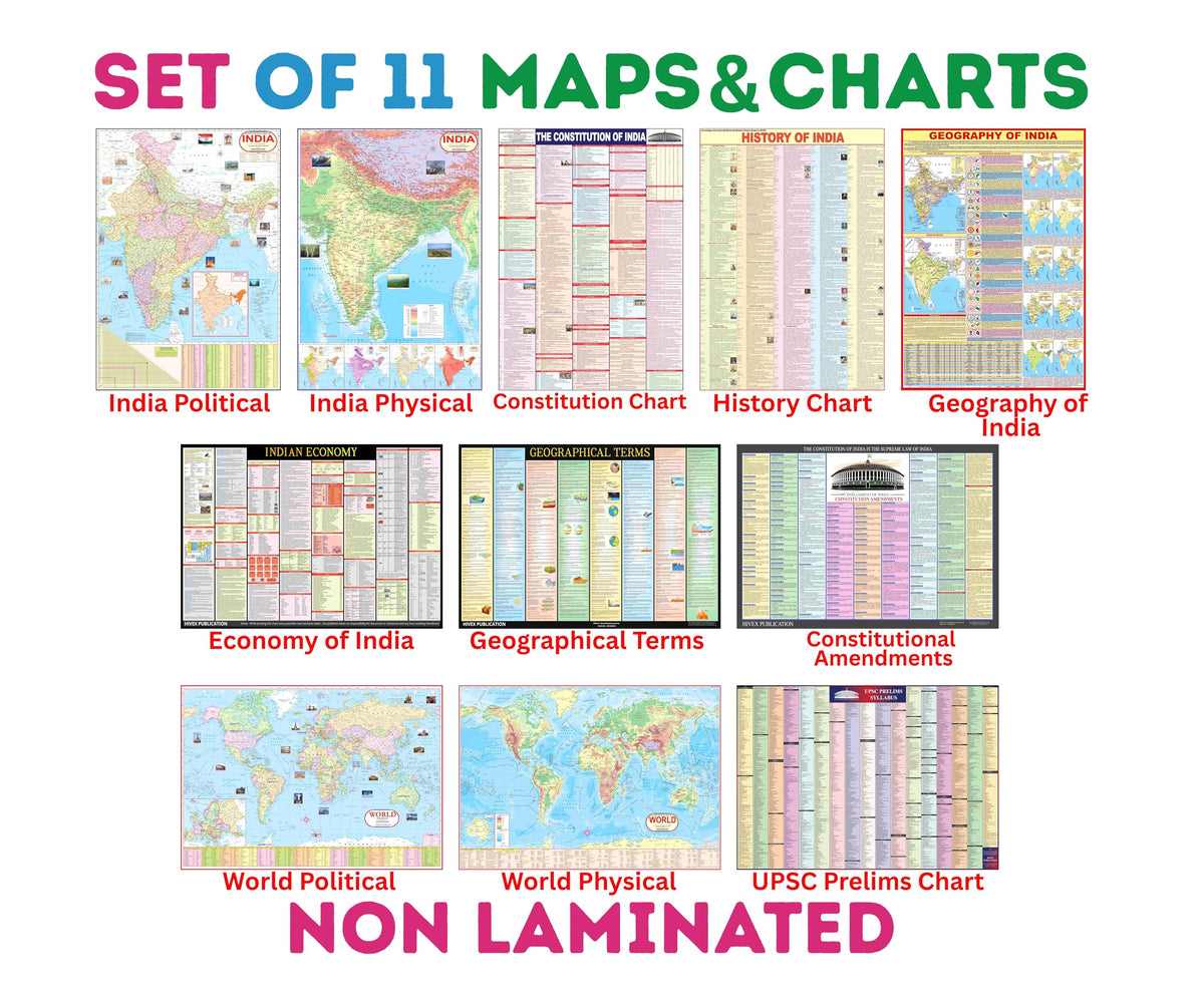 Complete set of UPSC Maps & Charts | set of 11 | India & World Map ( Both Political & Physical ) with Constitution of India, Constitutional Amendments, Indian History, Indian Economy