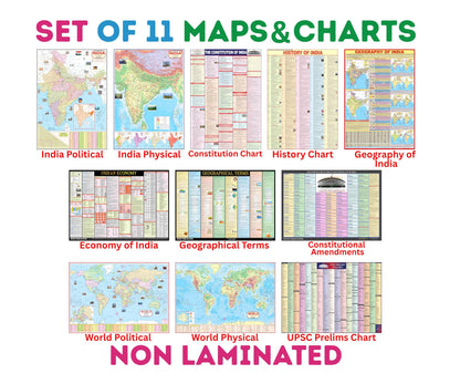 Complete set of UPSC Maps & Charts | set of 11 | India & World Map ( Both Political & Physical ) with Constitution of India, Constitutional Amendments, Indian History, Indian Economy