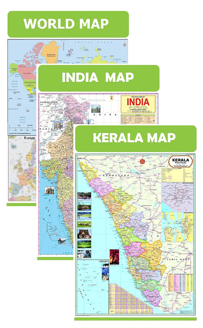 Kerala Map, India & World 47x65 cm (19x26 Inch) Mega Size (3 Charts) - Laminated Early Learning Education Wall Picture Chart | Kerala State, India and World Political Map