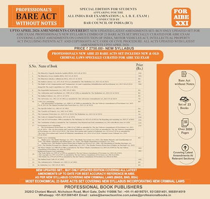 NEW SYLLABUS PROFESSIONAL'S AIBE 23 Bare Acts set without Notes, Set of 23 Books Combo as per Bar Council of India Guidelines covering New Criminal Laws/ Latest amendments- Economy Edition