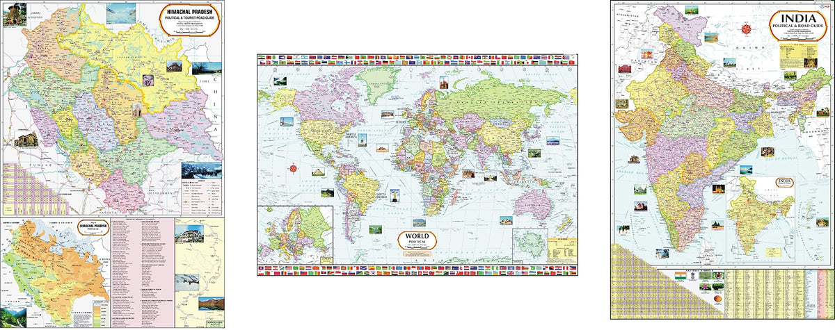 Himachal Pradesh Map, India Map & World Map | NON LAMINATED | SET OF 3 | Useful for UPSC, PCS, SSC, RAILWAY'S, State and Other Competitive Exams.