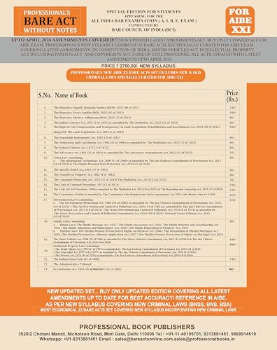 NEW SYLLABUS PROFESSIONAL'S AIBE 23 Bare Acts set without Notes, Set of 23 Books Combo as per Bar Council of India Guidelines covering New Criminal Laws/ Latest amendments- Economy Edition