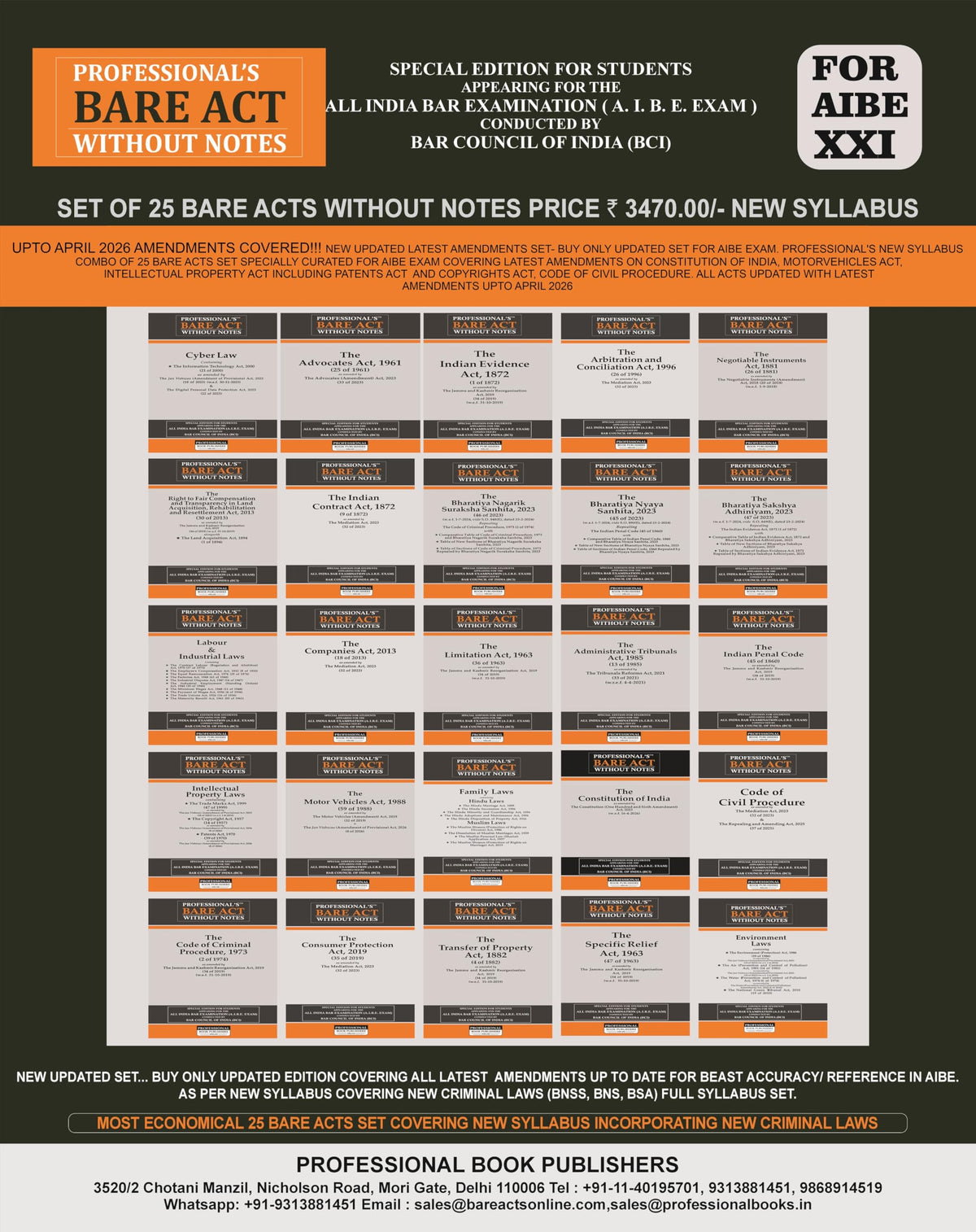 PROFESSIONAL'S AIBE Exam 25 Bare Acts Set without Notes as per New Syllabus, Complete Set of 25 Books Combo as per Bar Council of India Guidelines ... Criminal Laws & Full Syllabus Economy Edition