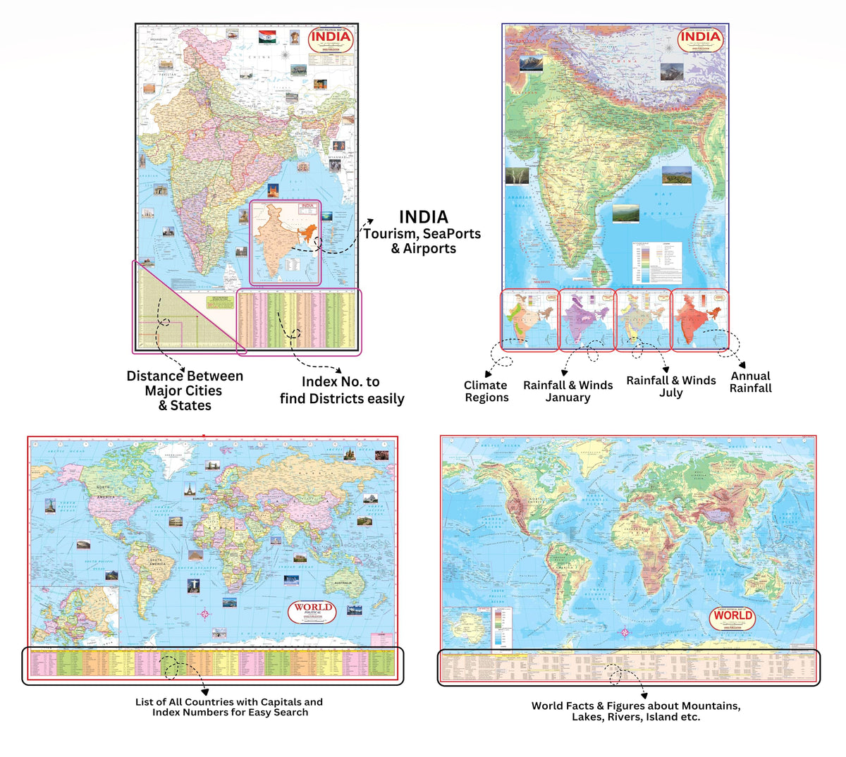 India & World Map ( Both Political & Physical ) with Constitution of India , Indian History , Indian Economy, Geographical Terms & Constitutional Amendments Chart | Set of 9 |