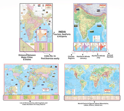 India & World Map ( Both Political & Physical ) with Constitution of India , Indian History , Indian Economy, Geographical Terms & Constitutional Amendments Chart | Set of 9 |