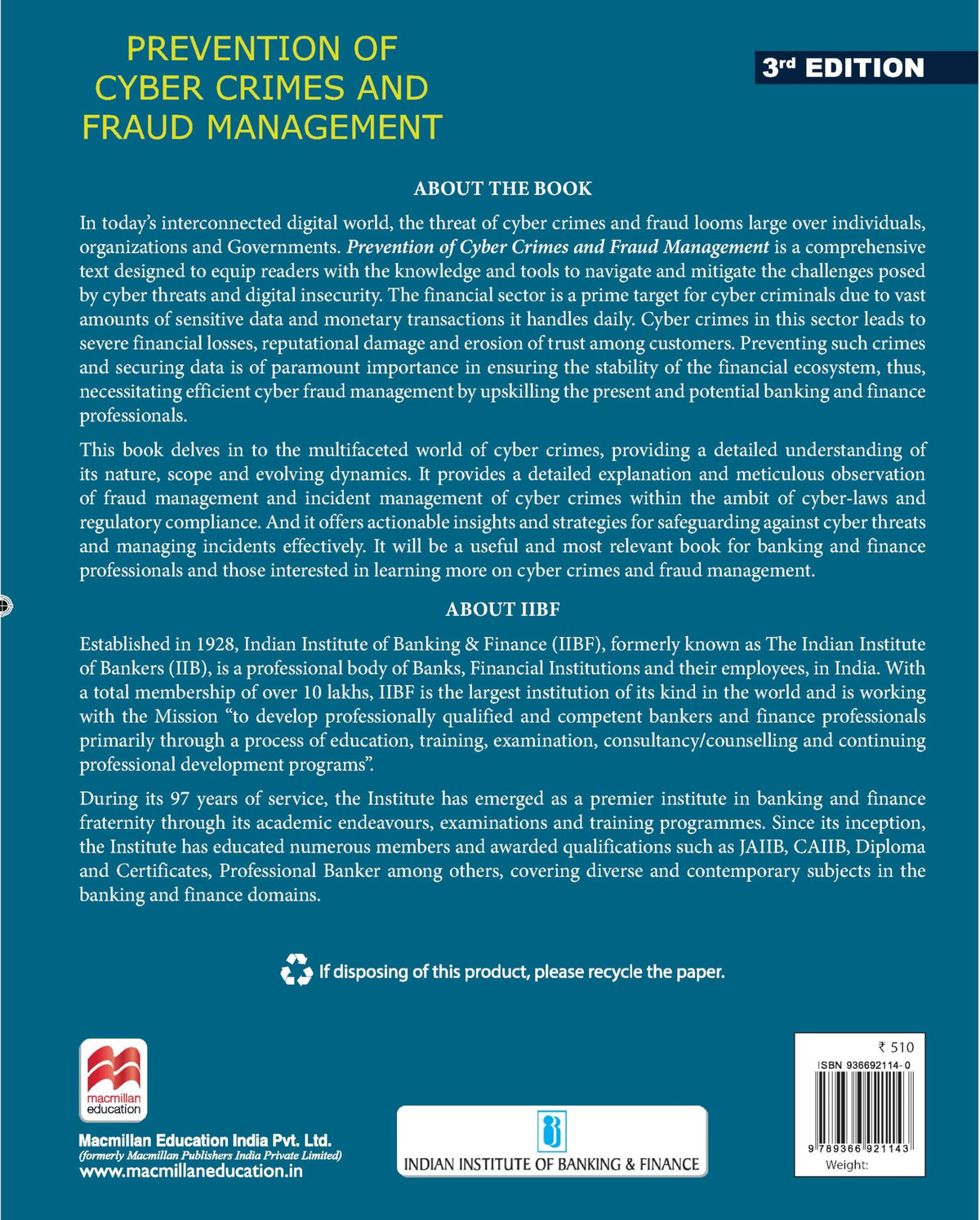 Macmillan Prevention of Cyber Crimes & Fraud Mgment Latest 2025 Edition IIBF Certificate for CAIIB & Banking Professionals|Covers Cyber Threats, Fraud Detection, Electronic Transactions & Cyber Laws