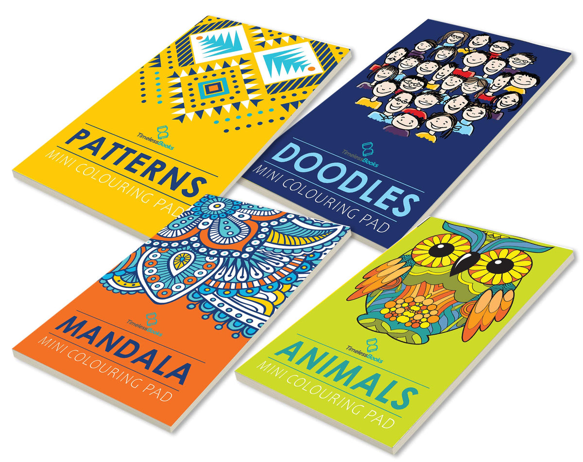 Set of 4 Mini Adult Colouring Pads including Patterns, Mandala, Doodles & Animals (mandala coloring book)