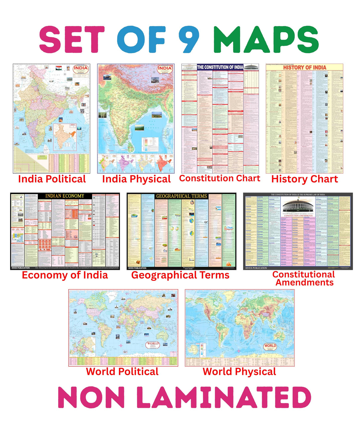 India & World Map ( Both Political & Physical ) with Constitution of India , Indian History , Indian Economy, Geographical Terms & Constitutional Amendments Chart | Set of 9 |