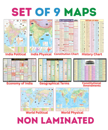 India & World Map ( Both Political & Physical ) with Constitution of India , Indian History , Indian Economy, Geographical Terms & Constitutional Amendments Chart | Set of 9 |