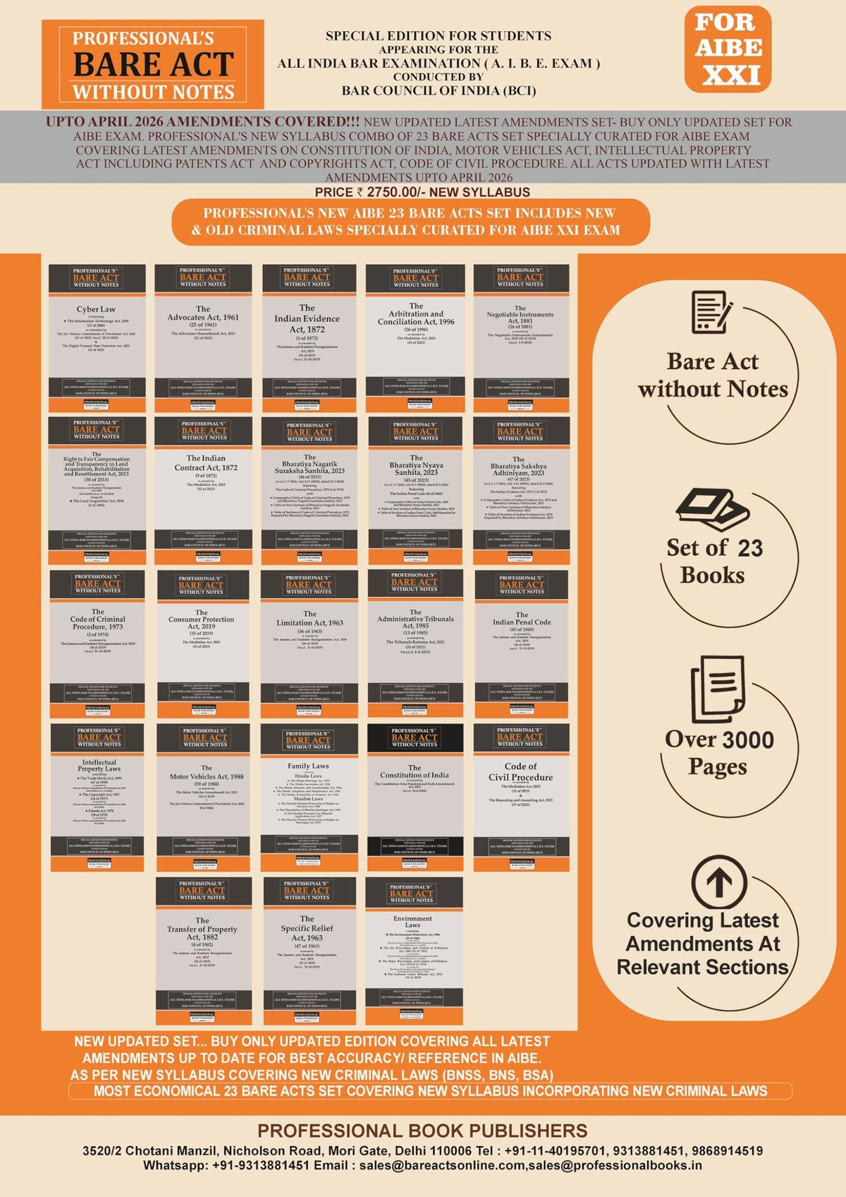 NEW SYLLABUS PROFESSIONAL'S AIBE 23 Bare Acts set without Notes, Set of 23 Books Combo as per Bar Council of India Guidelines covering New Criminal Laws/ Latest amendments- Economy Edition