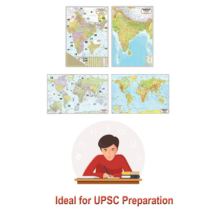 India & World Map ( Both Political & Physical ) with Constitution of India and History of India Chart | LAMINATED SET OF 6 Maps & Charts | Useful for UPSC, SSC, IES and other competitive exams