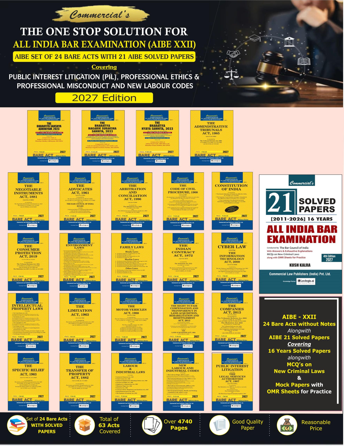 AIBE 24 bare Acts set , 2027 Edition for AIBE XXII covering PIL, Professional Ethics & Professional Misconduct and New Labour Codes with 21 AIBE Solved Papers (2027 Edition)