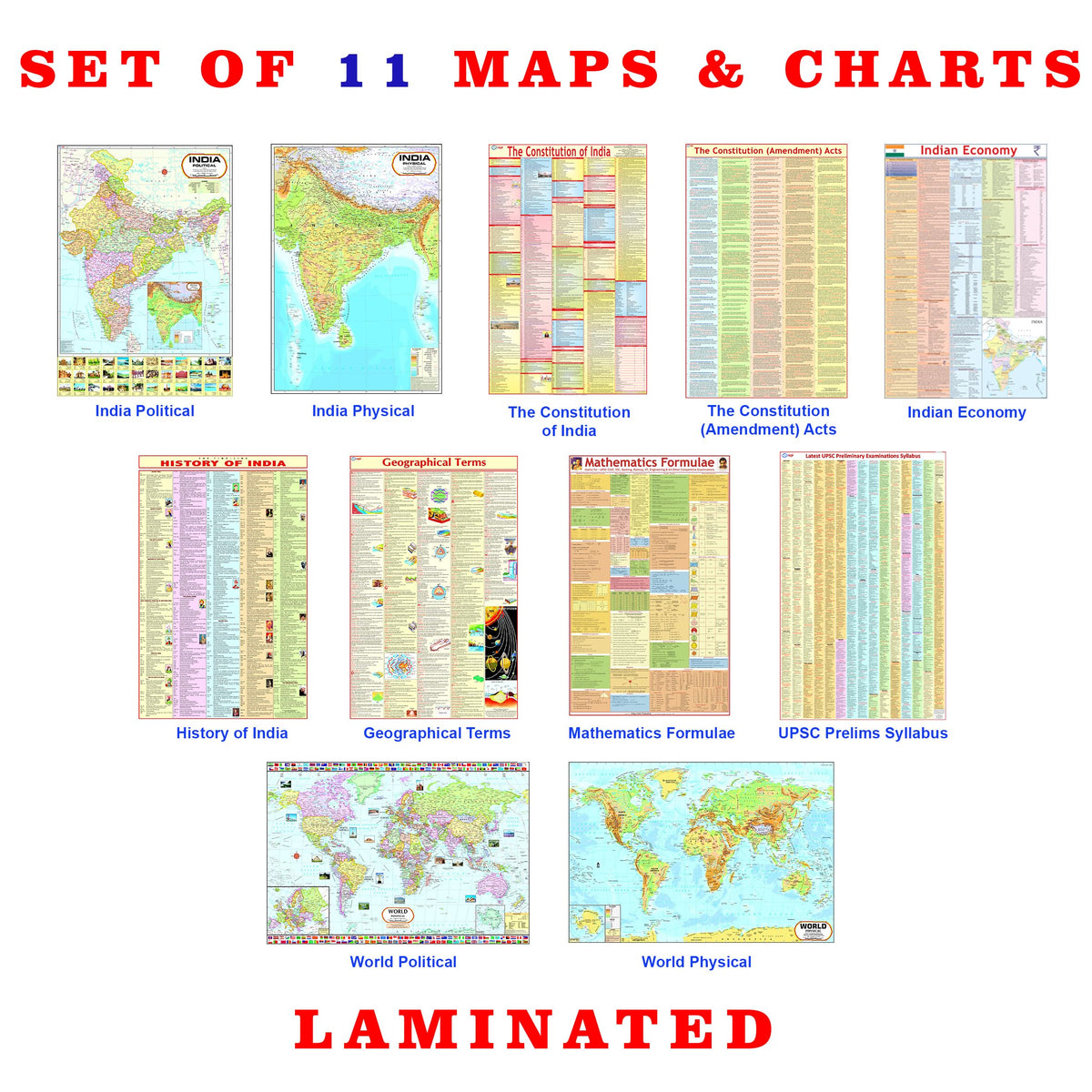 Complete Laminated Set of UPSC Maps & Charts | Set of 11 | India & World Map ( Both Political & Physical ) with Constitution of India, Constitutional ... Economy, Maths Formula & Geography terms