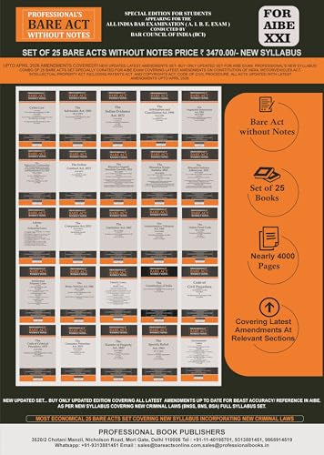 PROFESSIONAL'S AIBE Exam 25 Bare Acts Set without Notes as per New Syllabus, Complete Set of 25 Books Combo as per Bar Council of India Guidelines ... Criminal Laws & Full Syllabus Economy Edition