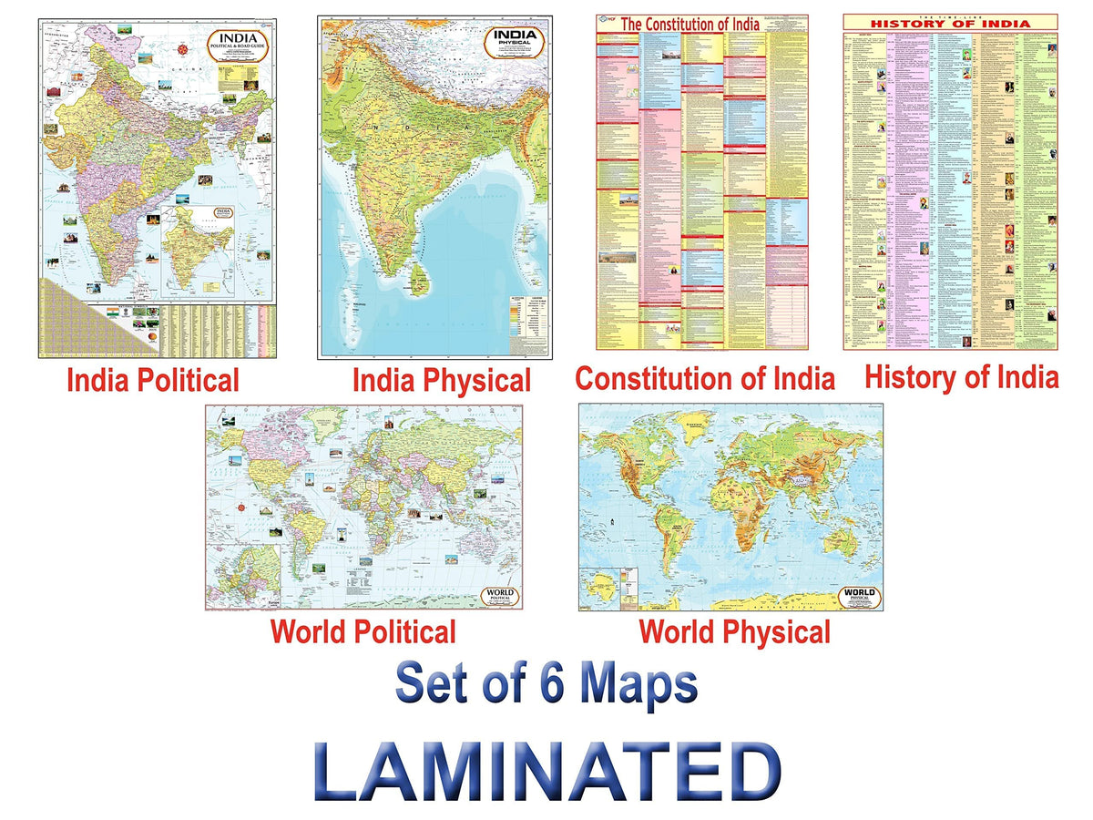India & World Map ( Both Political & Physical ) with Constitution of India and History of India Chart | LAMINATED SET OF 6 Maps & Charts | Useful for UPSC, SSC, IES and other competitive exams