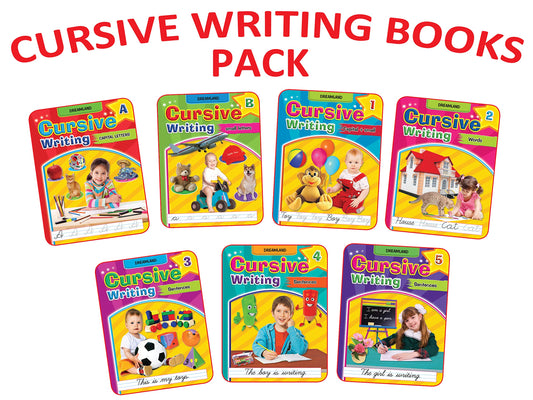 Cursive Writing 7 Books Pack - Capital Letters  Small Letters  Joining Letters  Words  Sentences - Handwriting Practice Books for Age 3-7 years (Set of 7 Books) by Dreamland Publications book cover