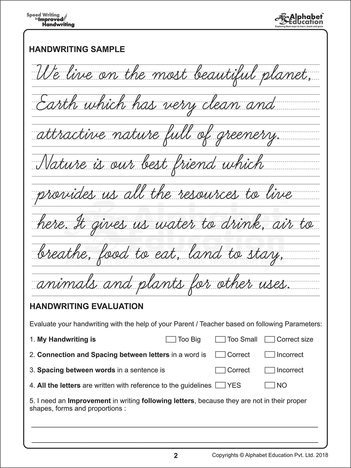 Speed Writing In Improved Handwriting - Cursive writing - Book A (For Age 6-9 Years) - Cursive handwriting practice book