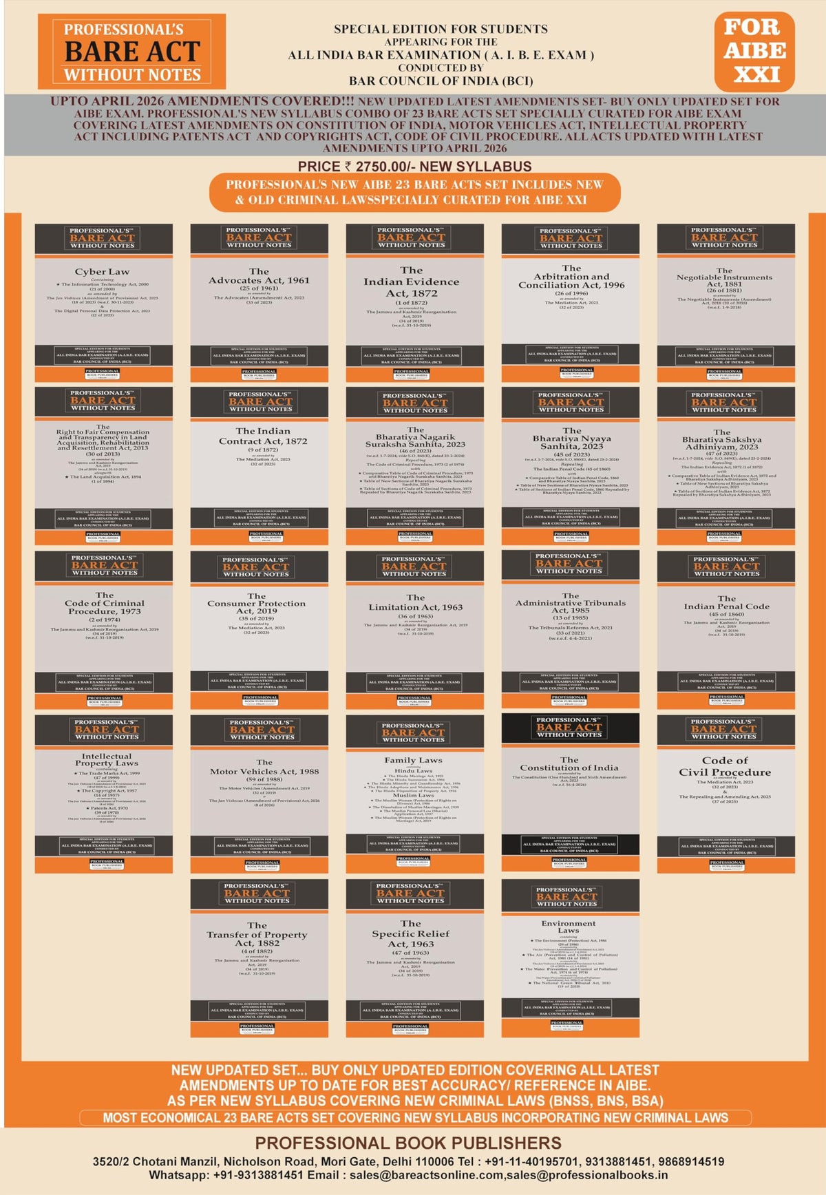 NEW SYLLABUS PROFESSIONAL'S AIBE 23 Bare Acts set without Notes, Set of 23 Books Combo as per Bar Council of India Guidelines covering New Criminal Laws/ Latest amendments- Economy Edition