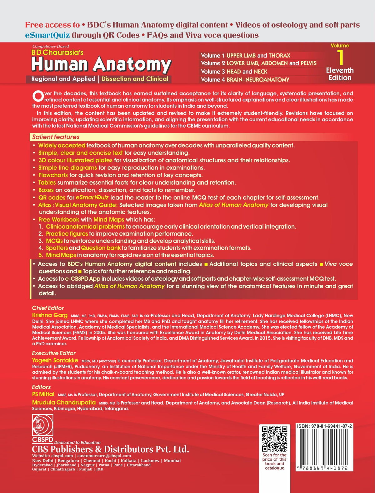 B D Chaurasia's Human Anatomy, Vol. 1, 11th Edition | Regional and Applied Dissection and Clinical : Upper Limb and Thorax with Free Workbook and Mind Maps (PB 2027)