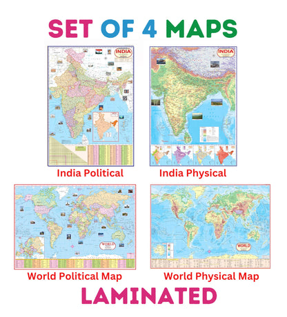 India & World Map (Both Political & Physical) - LAMINATED | Set of 4 Maps | Size - 70×100 cm | Use For Preparation Of UPSC, SSC, IES, etc Exams. | By Hivex Publication