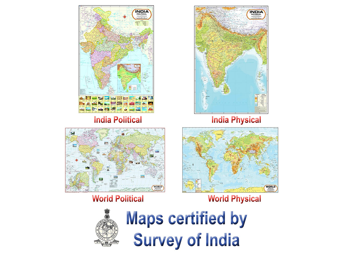 India & World Map ( Both Political & Physical ) with Constitution of India and History of India Chart | LAMINATED SET OF 6 Maps & Charts | Useful for UPSC, SSC, IES and other competitive exams