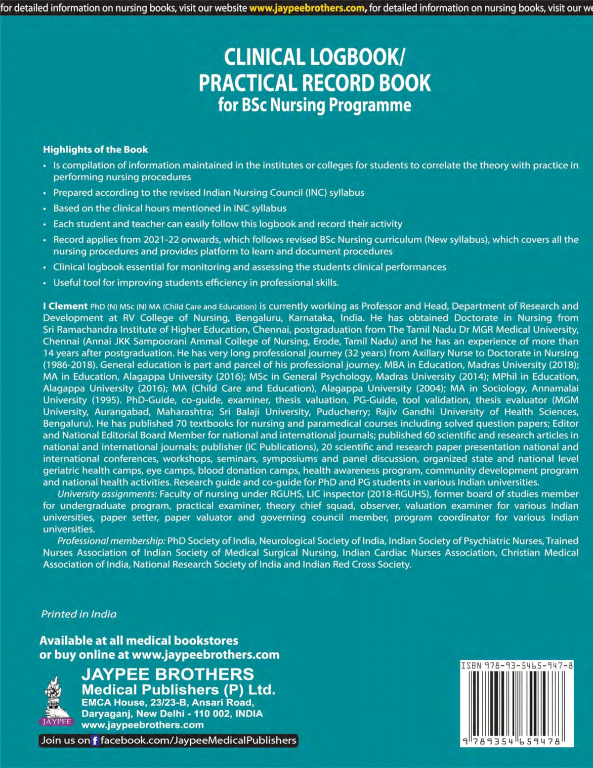 Clinical Logbook/Practical Record Book for BSc Nursing Programme by I. Clement | Complete Clinical Record Book as per Revised INC Syllabus for BSc Nursing Students, All 8 Semesters (4-Year Programme)