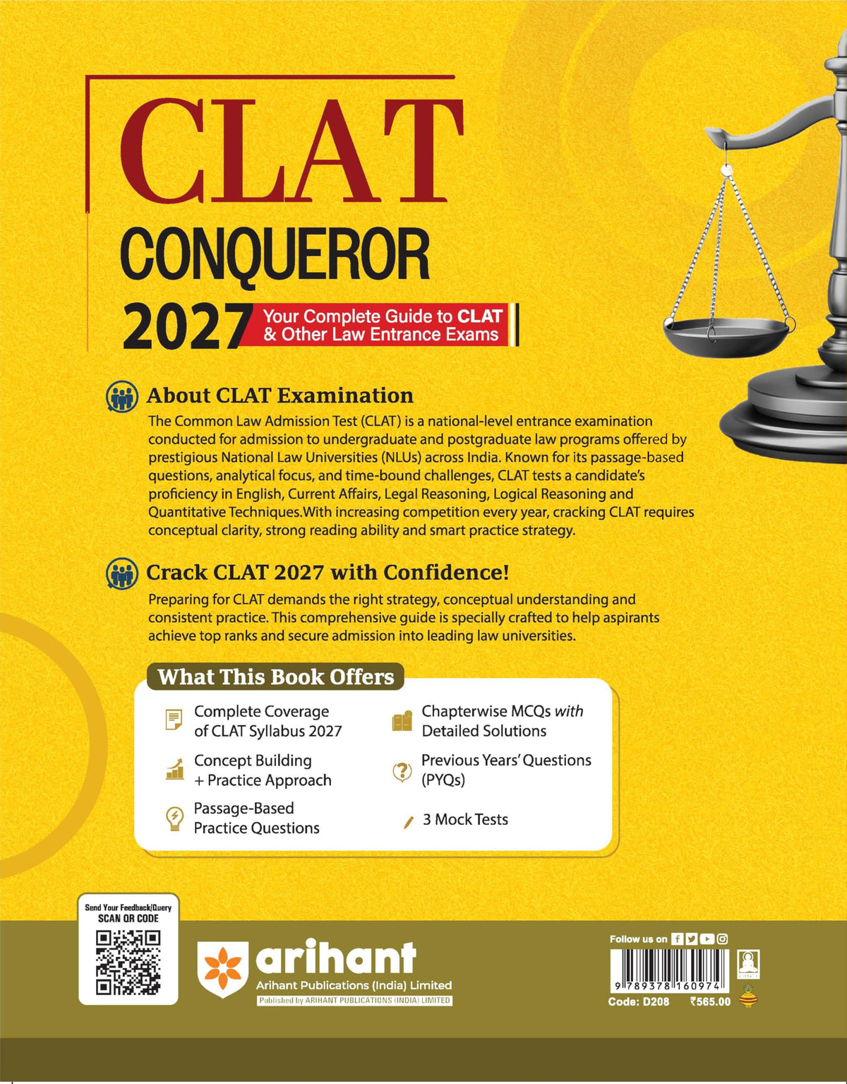 Arihant CLAT Preparation Guide 2027 | CLAT Conqueror | Legal Reasoning, English, Quantitative Aptitude, Logical Reasoning, Current Affairs | PYQs 2026-2025 | 2000+ MCQs & 3 Practice Sets