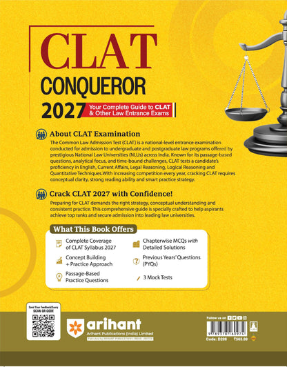 Arihant CLAT Preparation Guide 2027 | CLAT Conqueror | Legal Reasoning, English, Quantitative Aptitude, Logical Reasoning, Current Affairs | PYQs 2026-2025 | 2000+ MCQs & 3 Practice Sets