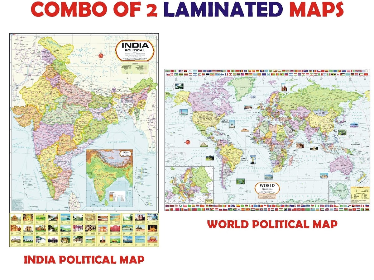 India Map & World Map Combo | LAMINATED | Size : 70 X 100 cm | India Map | World Map | Tear-Resistant, Waterproof, Adhesive Back Strips