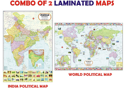 India Map & World Map Combo | LAMINATED | Size : 70 X 100 cm | India Map | World Map | Tear-Resistant, Waterproof, Adhesive Back Strips