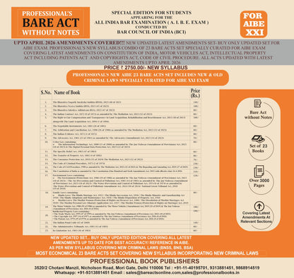 NEW SYLLABUS PROFESSIONAL'S AIBE 23 Bare Acts set without Notes, Set of 23 Books Combo as per Bar Council of India Guidelines covering New Criminal Laws/ Latest amendments- Economy Edition
