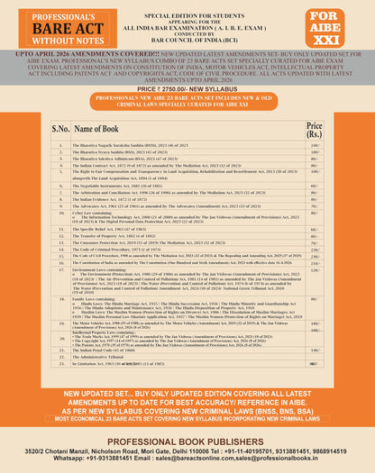 NEW SYLLABUS PROFESSIONAL'S AIBE 23 Bare Acts set without Notes, Set of 23 Books Combo as per Bar Council of India Guidelines covering New Criminal Laws/ Latest amendments- Economy Edition