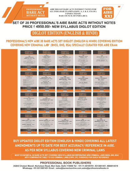 PROFESSIONAL’S AIBE Bare Acts without Notes Diglot Edition (English & Hindi) 20 Book Set as Per Latest Guidelines of BCI with New Criminal Laws, ?????? ??????? ?? ?????? ??????? ???? ?????? ???