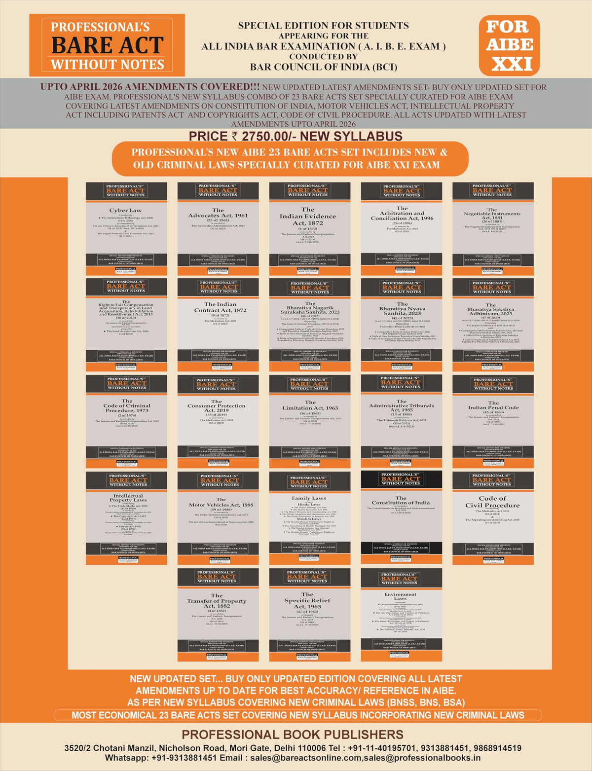 NEW SYLLABUS PROFESSIONAL'S AIBE 23 Bare Acts set without Notes, Set of 23 Books Combo as per Bar Council of India Guidelines covering New Criminal Laws/ Latest amendments- Economy Edition